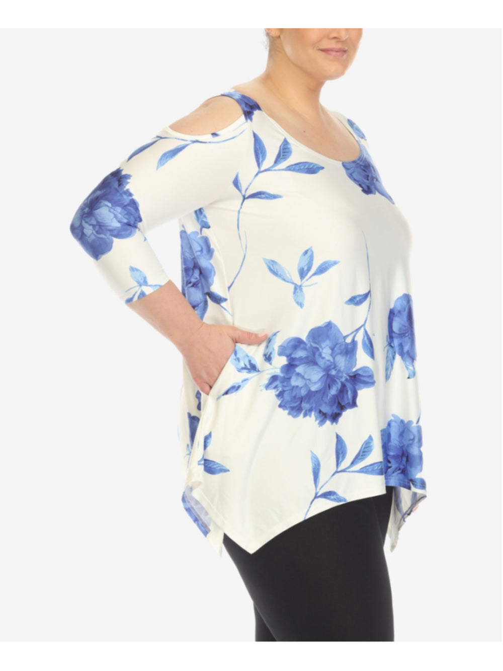 White Mark Women's 3XL Floral Cold Shoulder Tunic Top White & Blue NWT
