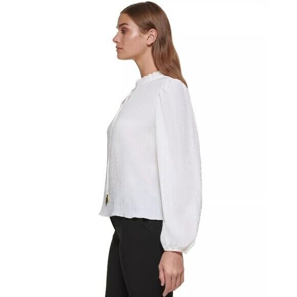DKNY Women's Mock-Turtleneck Tie Off White Long-Sleeve Top NWT