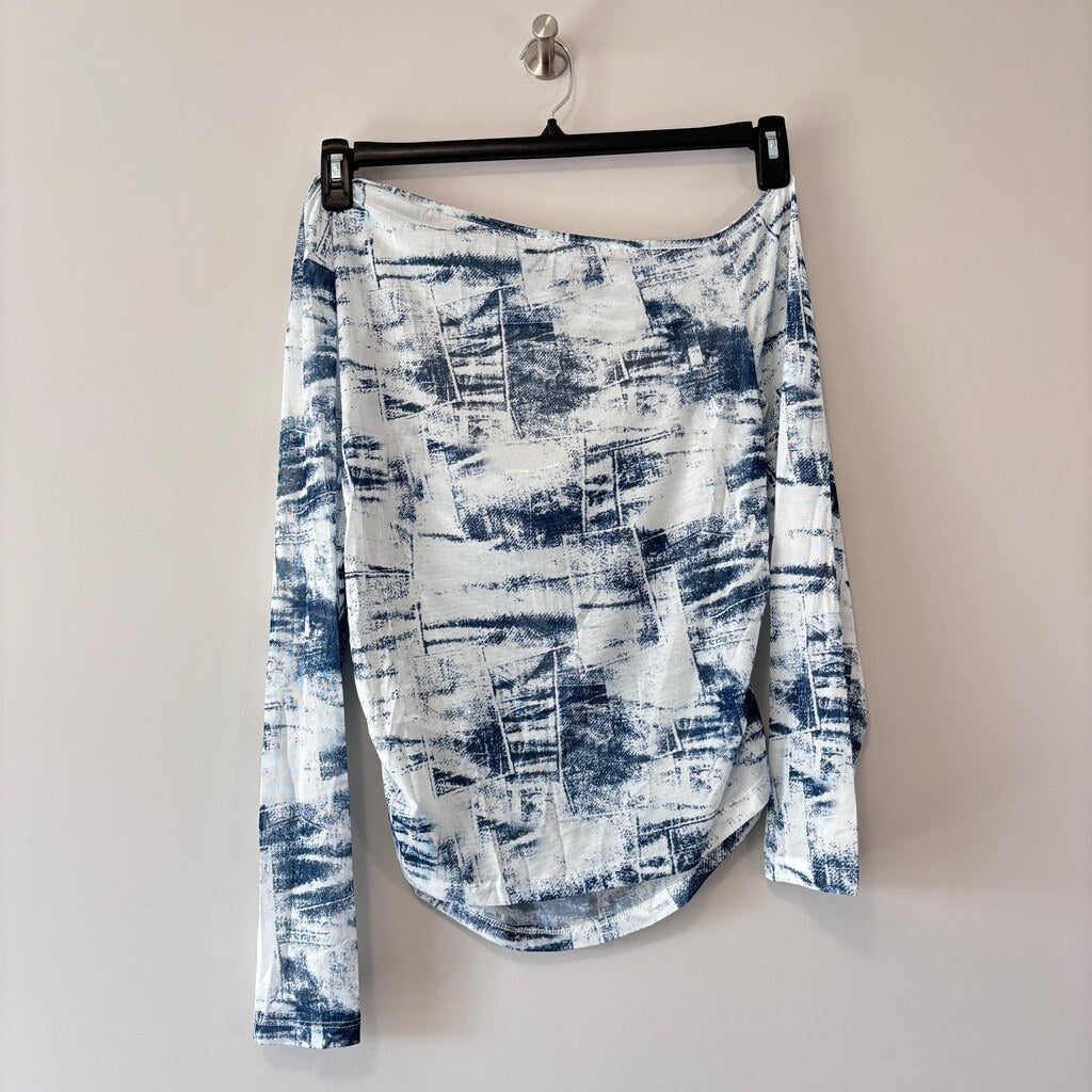 SHEIN Women's 2XL Stylish Off-Shoulder Drape Top Blue White Abstract Shirt NIB