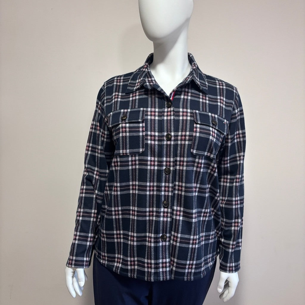 Tommy Hilfiger Size XL Navy & White Plaid Button-Up Shacket (Sweater Jacket) NWT