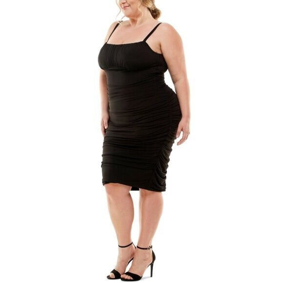 EMERALD SUNDAE Trendy Plus Size 20W Black Ruched Bodycon Midi Dress NWT.