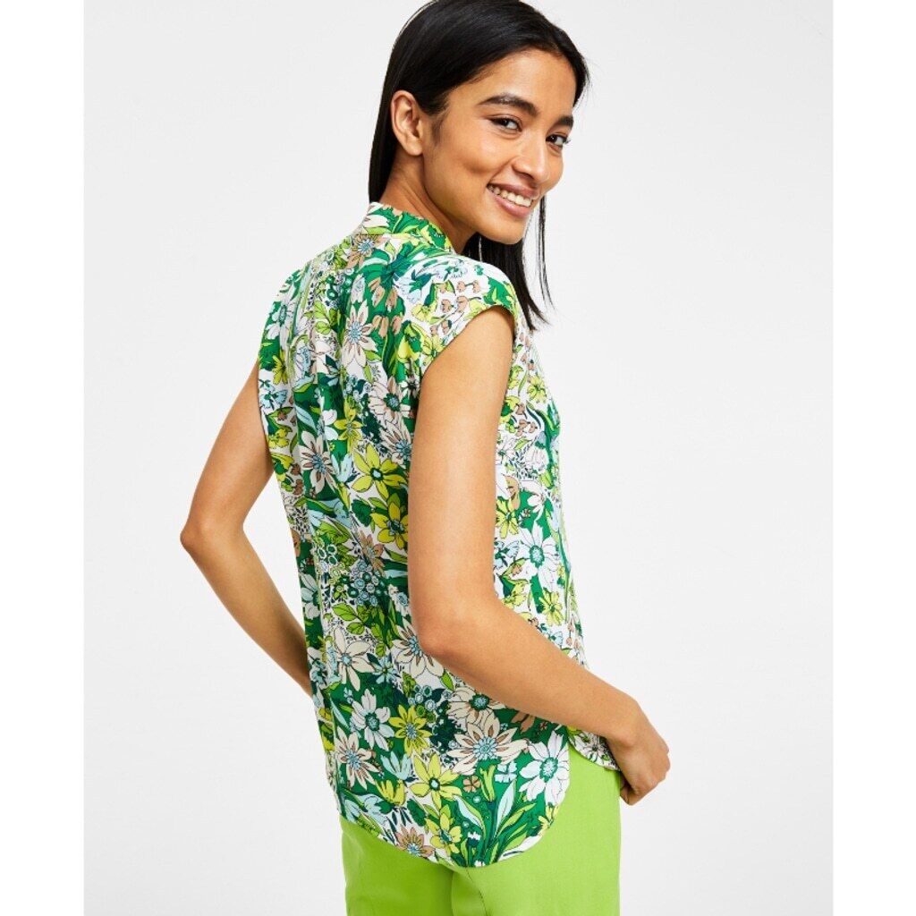 Bar III Women's Size XXS Vibrant Green Floral Sleeveless Tie-Neck Top NWT
