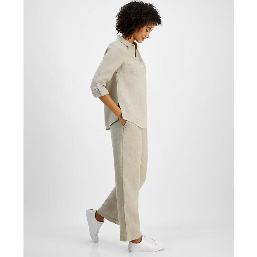 Charter Club Women's XL Light Brown 100% Linen Utility Button-Down Shirt NWT