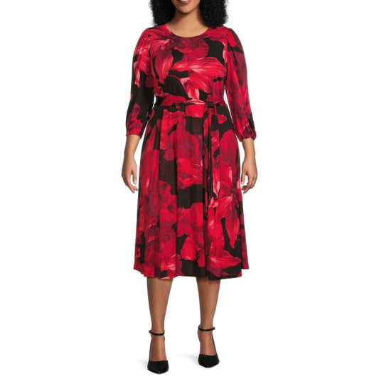 Kasper Plus Size 3X Red & Black Sparkly Floral Midi Dress NWT