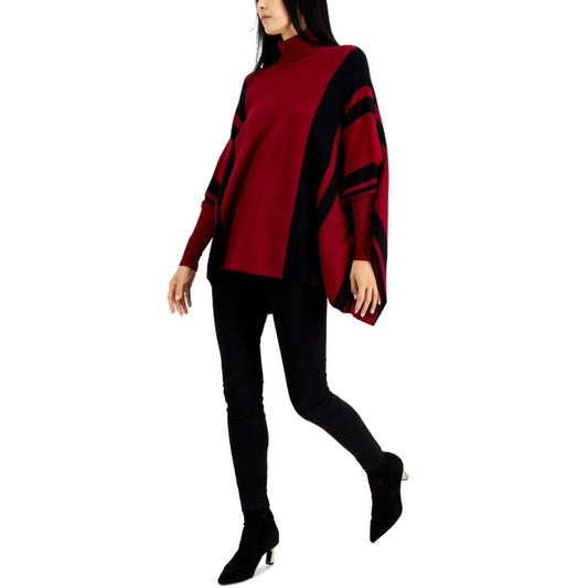 Alfani Women's XS Red &Black Striped Turtleneck Poncho Sweater NWT