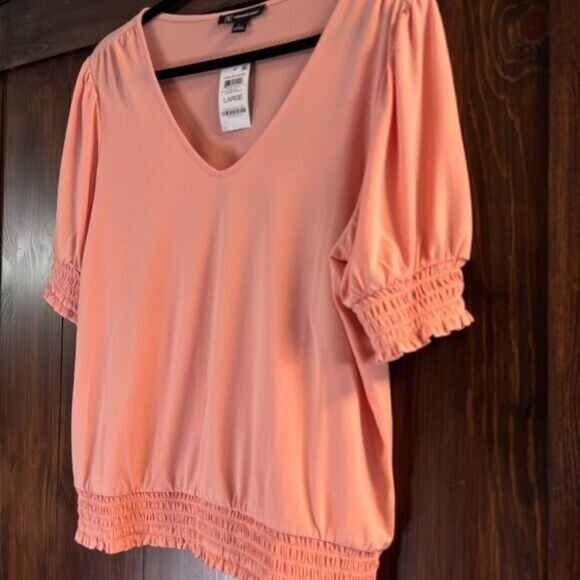I.N.C. International Concepts Women's Large Peach Pink Smocked-Trim Top NWT