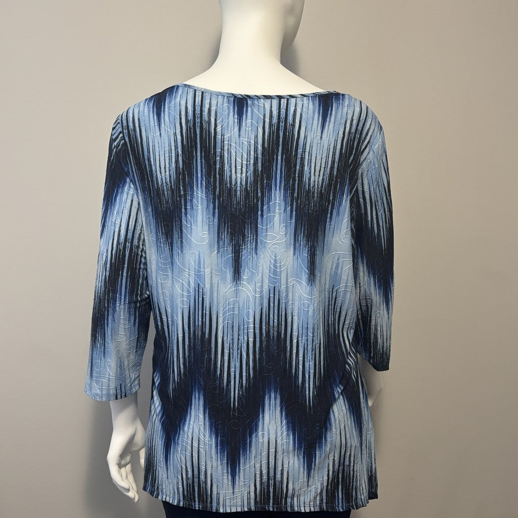 NY Collection Plus Size 3X Blue, White & Black Printed Handkerchief-Hem Top NWT