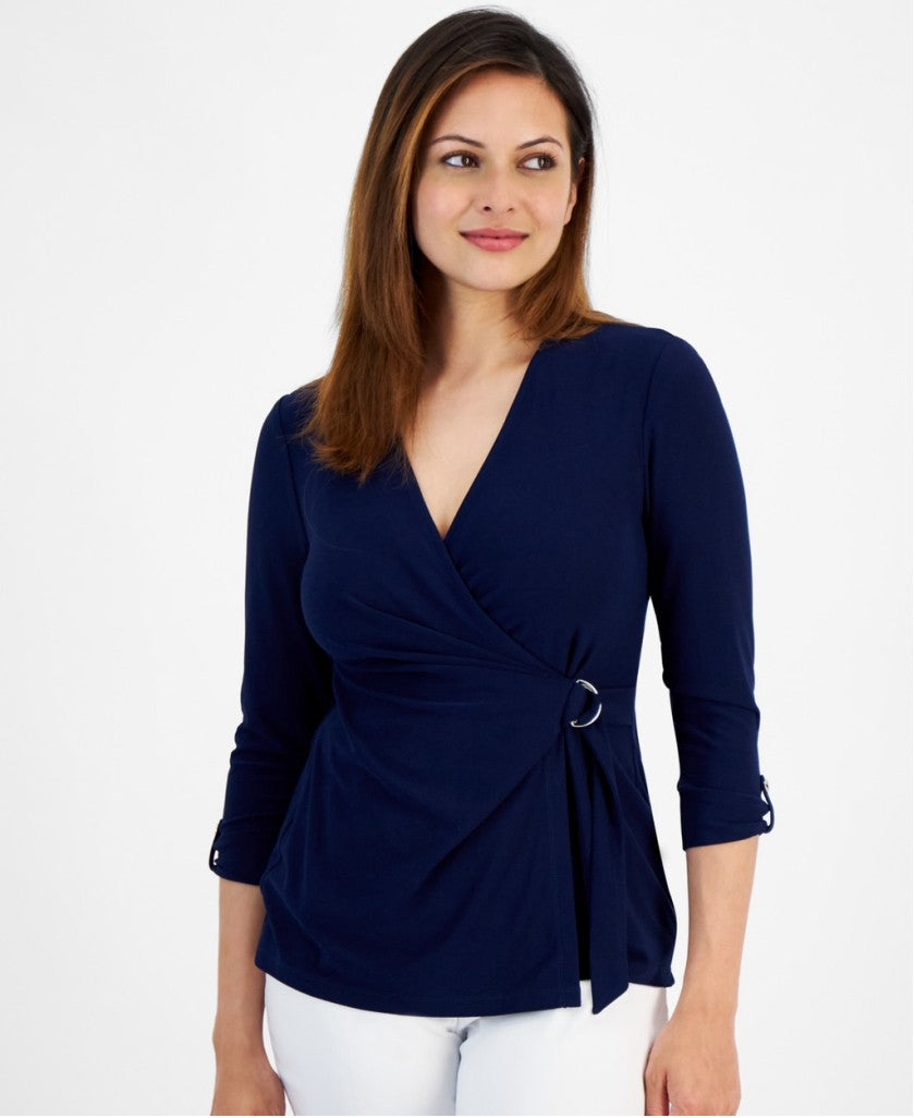 Jones New York Women's Extra Large Petite Navy Blue D-Ring 3/4-Sleeve Top NWT