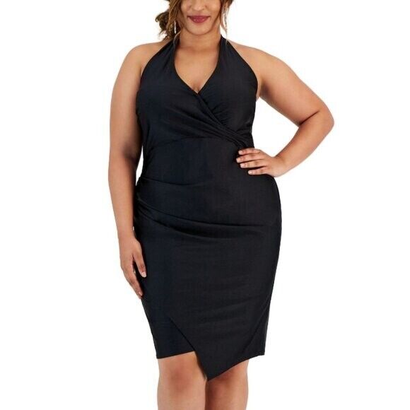 CITY STUDIOS Black Plus Size Stretchy Halter Faux-Wrap Dress NWT