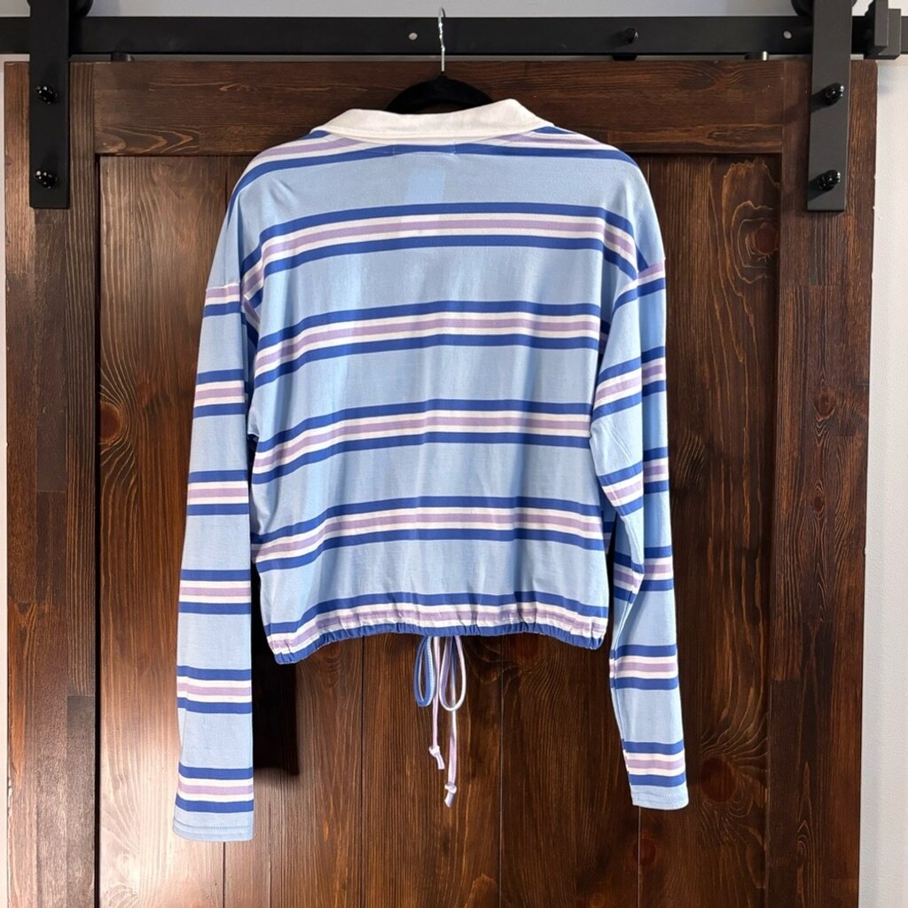 Crave Fame Juniors' Size XL Blue Striped Tie-Hem Long Sleeve Polo Shirt NWT