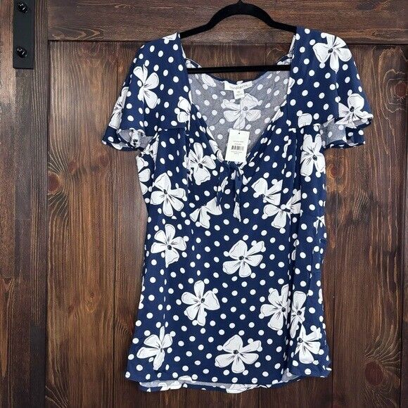 AVENUE Plus Size Kata Print Top - Blue with White - NWT