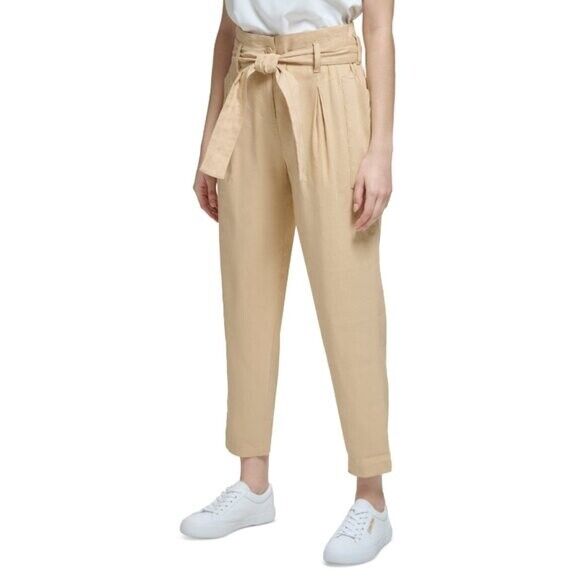 CALVIN KLEIN Women's Linen Blend High-Rise Tie-Waist Dress Pants, Beige NWT