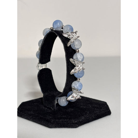 Blue Faceted Crackle Blue & Clear Bead Butterfly Charm Stretch Bracelet NWT