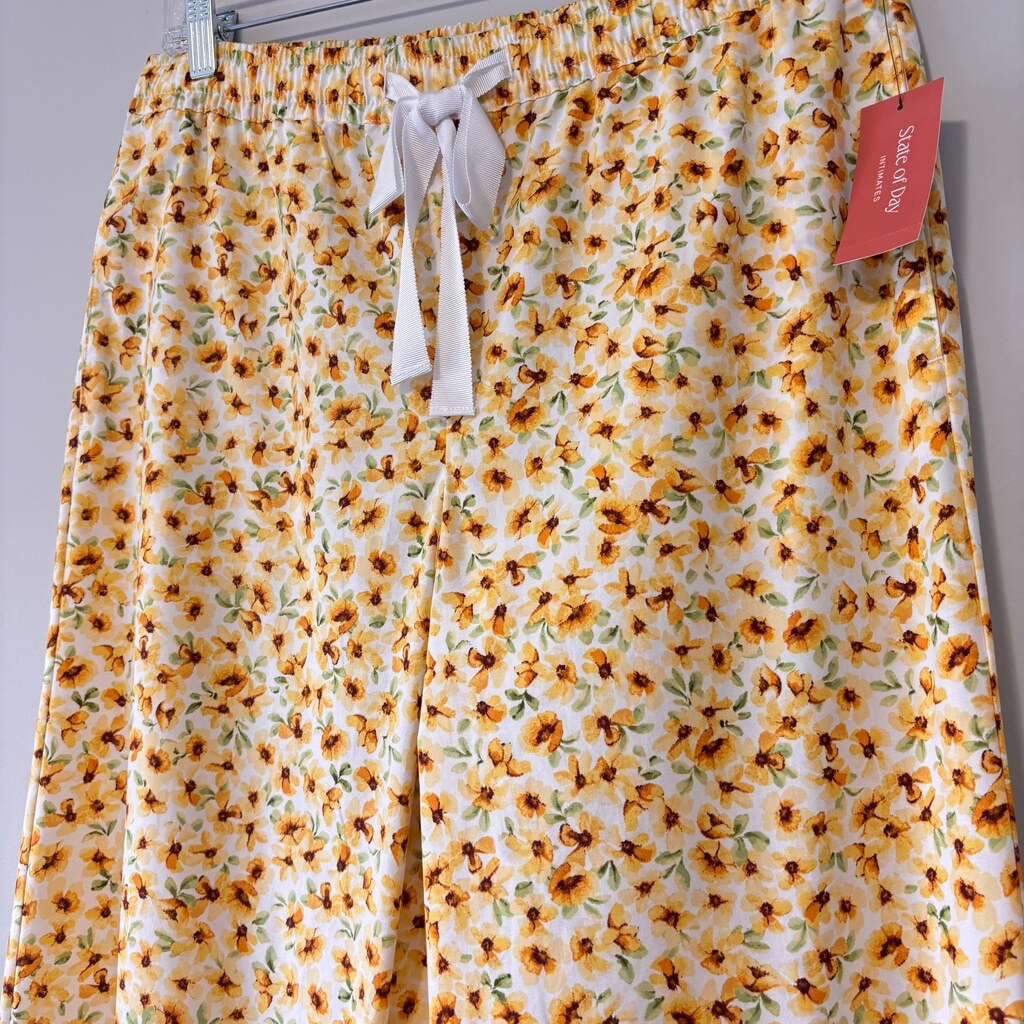 State of Day Women's Yellow Floral Printed Poplin Pajama Pants w/ Drawstring NWT