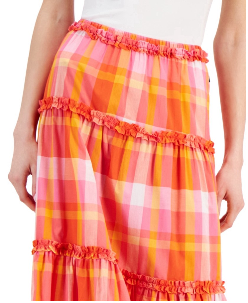 Nautica Jeans Women's Medium 100% Cotton Bright Plaid Ruffle-Trim Maxi Skirt NWT