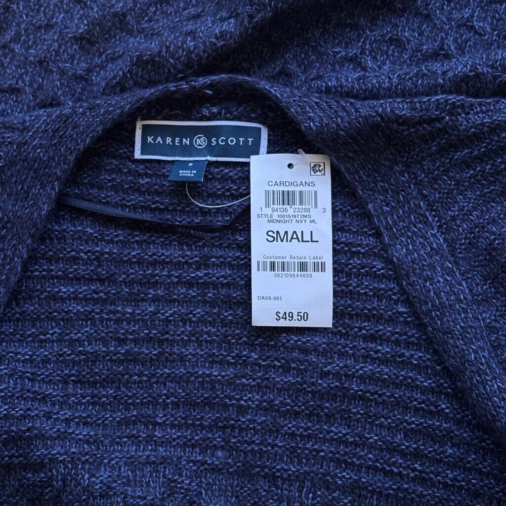 Karen Scott Women's Small Navy Blue Turbo Popcorn Knit Open Front Cardigan NWT