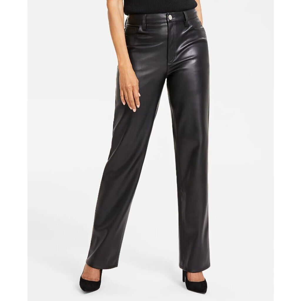 INC International Concepts Women's 6 Black Faux-Leather Straight-Leg Pants NWT