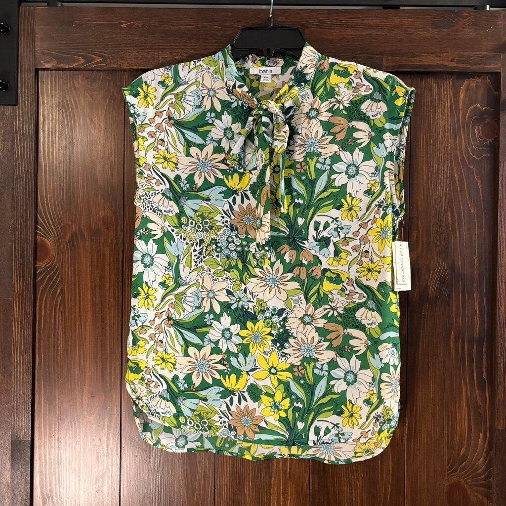 Bar III Women's Size XXS Vibrant Green Floral Sleeveless Tie-Neck Top NWT