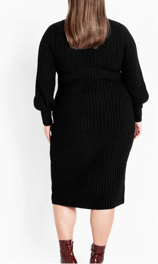 Loralette (Avenue) Plus Size 26/28 Black Ribbed Knit Sweater Dress NWT