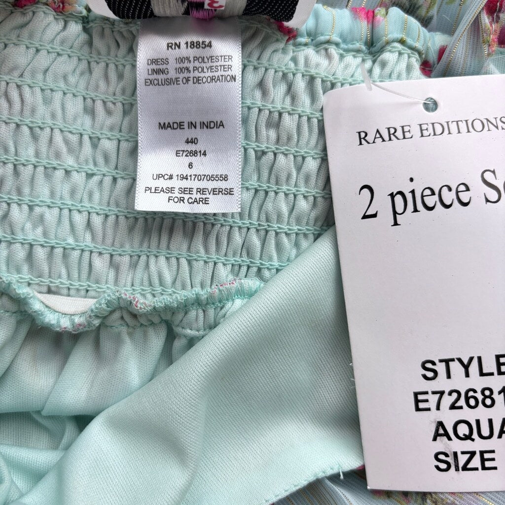 Rare Editions Girls Size 6 Blue Chiffon Floral Dress w/ Gold Detailing NWT