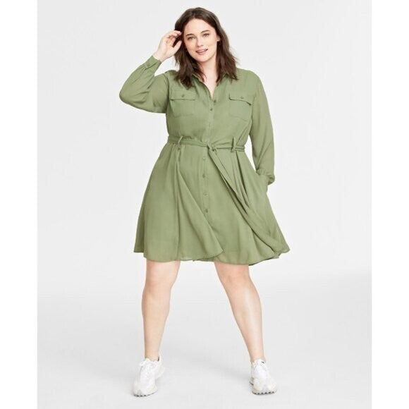 On 34th Plus Size Green Long-Sleeve Belted Shirtdress NWT