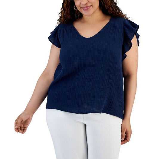 Style & Co. Plus Size 100% Cotton Navy Blue Flutter-Sleeve Top NWT