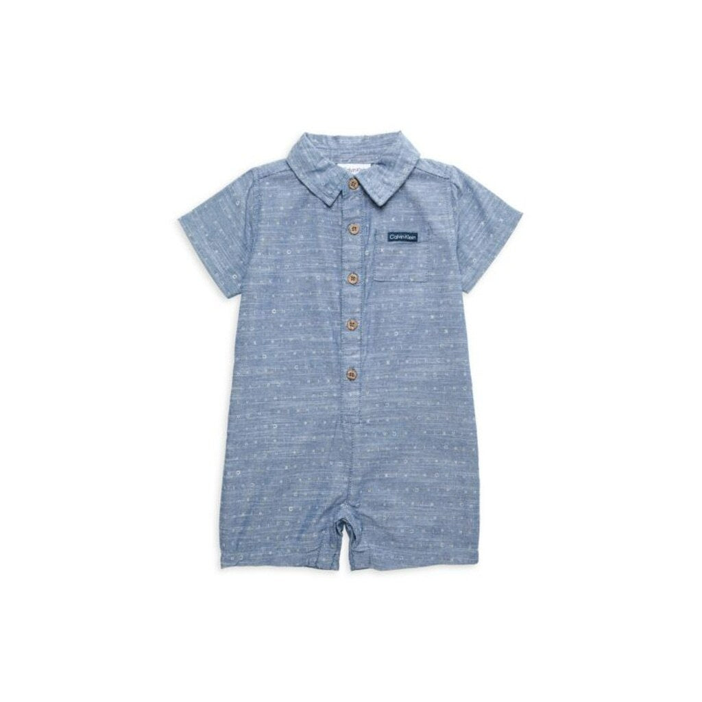 Calvin Klein Size 6-9 Months Baby Boys Blue Woven Romper One-Piece Outfit NWT