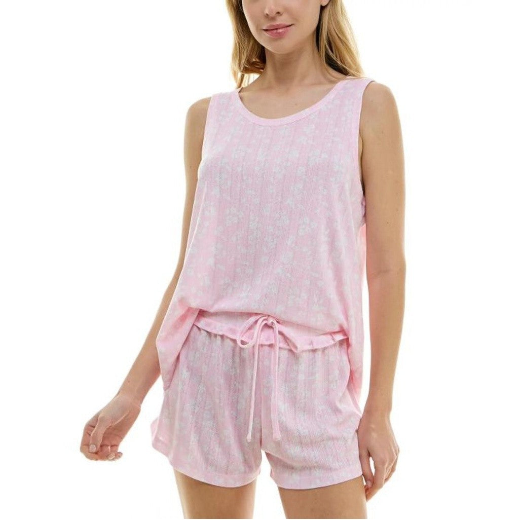 Roudelain Women's 2PC Pink & White Tank & Shorts Comfy Soft  Pajama Set NWT