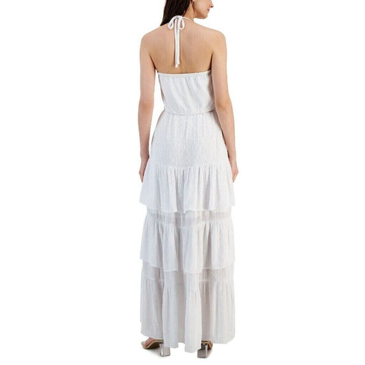 INC International Concepts White & Silver Halter-Neck Tiered Maxi Dress NWT