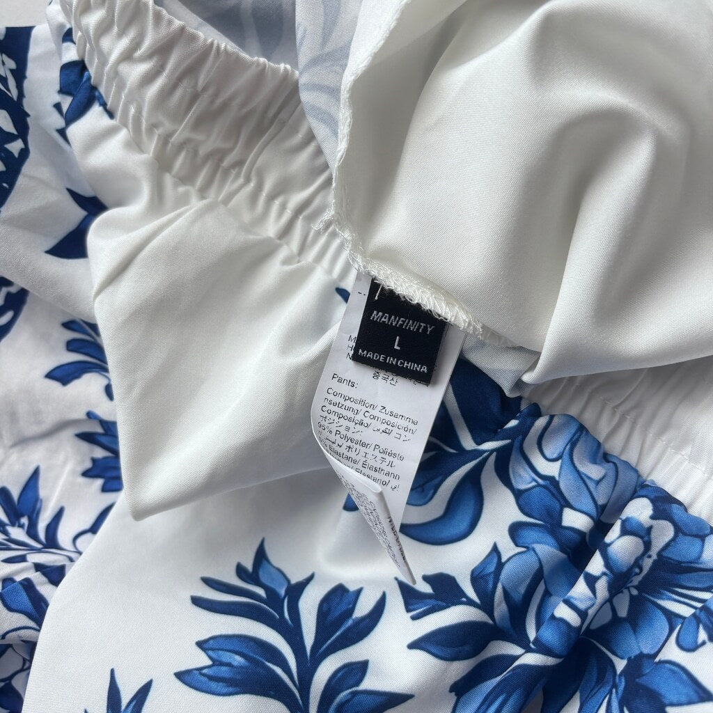 SHEIN Men's White & Blue Floral Drawstring Shorts Casual Beach Style NIB