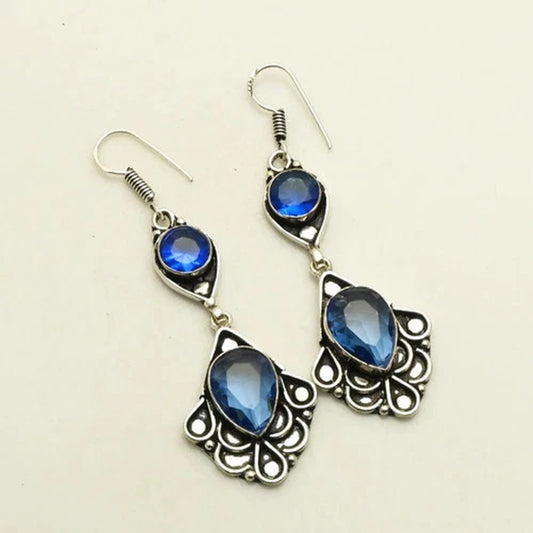 Blue Topaz & Tanzanite Gemstone Drop Dangle Earrings 2.6" 925 Silver Plated NWT
