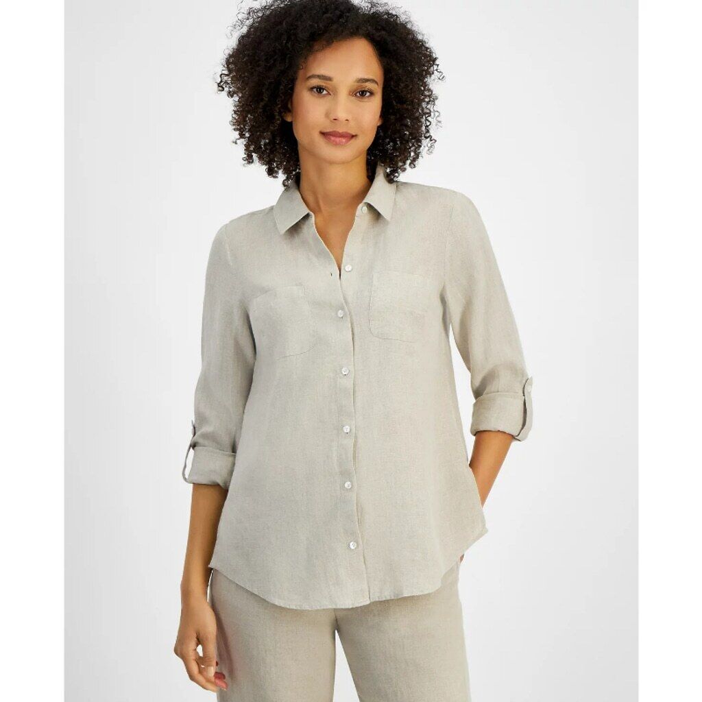 Charter Club Women's XL Light Brown 100% Linen Utility Button-Down Shirt NWT