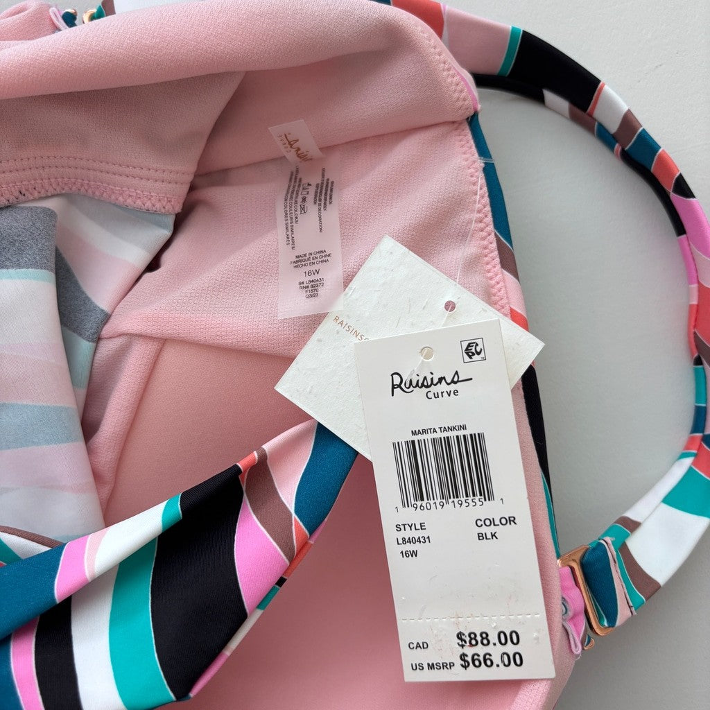 Raisins Women's Plus Size Colorful One-Shoulder Tankini Top w/ Support NWT