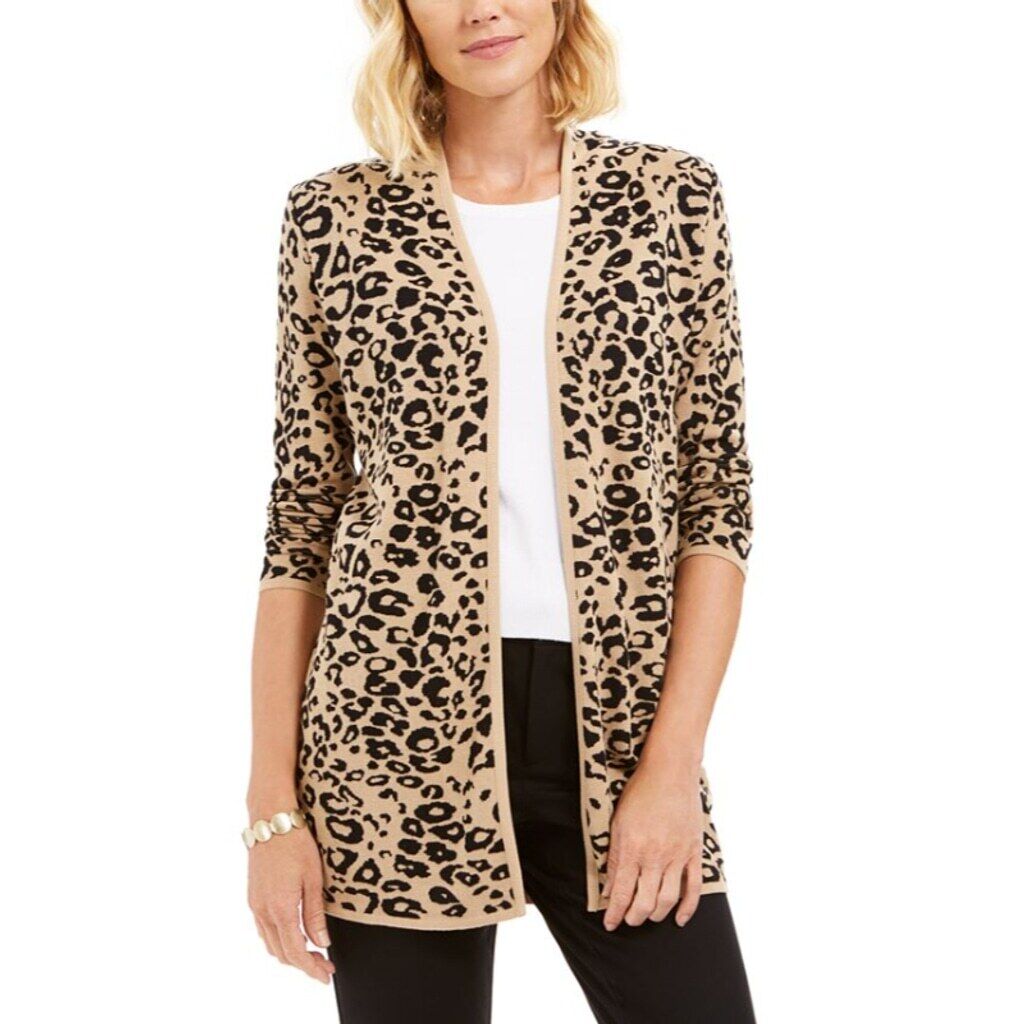 JM Collection Women's Petite Small Cheetah Open-Front Cardigan NWT