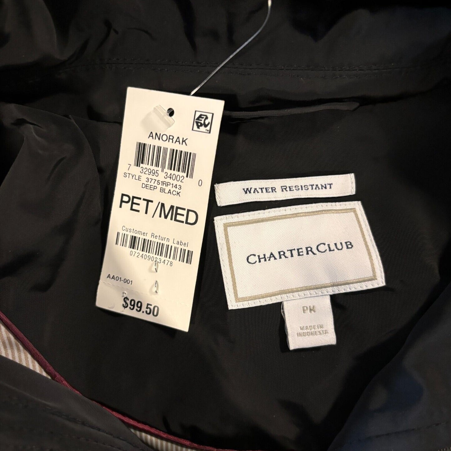 Charter Club Petite Black Hooded Anorak Rain Jacket Drawstring Waist NWT