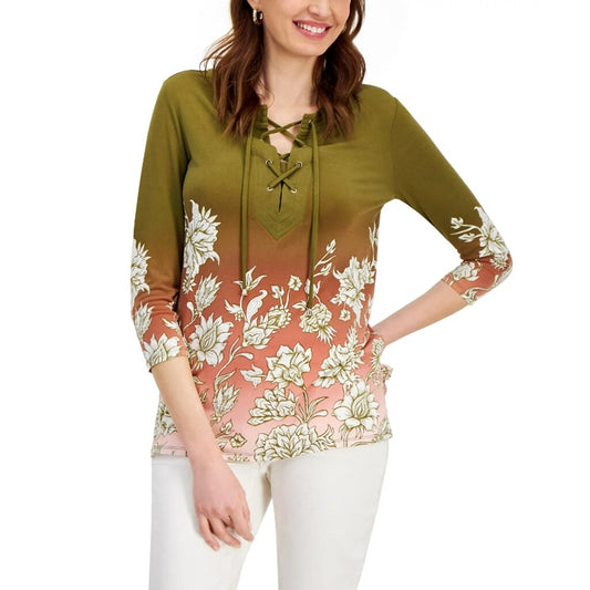 JM Collection Women's Small Petite Green Garden Lace-Up 3/4-Sleeve Tunic Top NWT
