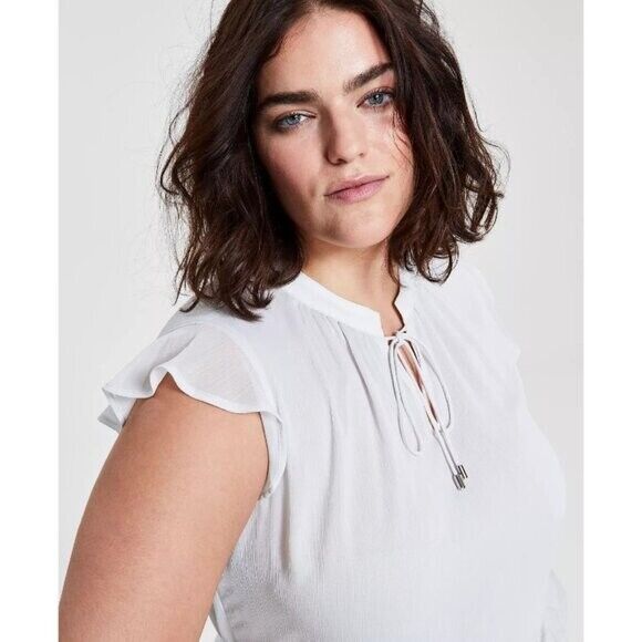 CALVIN KLEIN Plus Size Tie-Neck Ruffle-Sleeve Grey Chiffon Blouse NWT