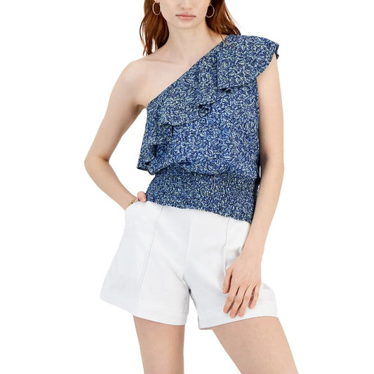 INC International Concepts Women's M Blue One-Shoulder Floral Ruffled Top NWT.