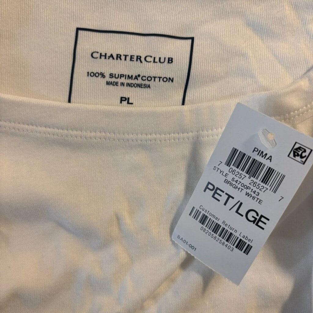 Charter Club Petite Large White Pima Cotton Button-Shoulder 3/4 Sleeve Top NWT