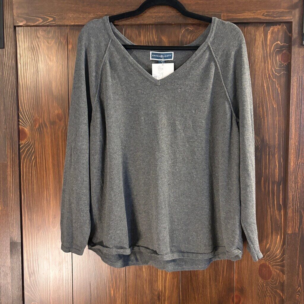 Karen Scott Women's Large 100% Cotton Grey V-Neck Curved-Hem Sweater NWT