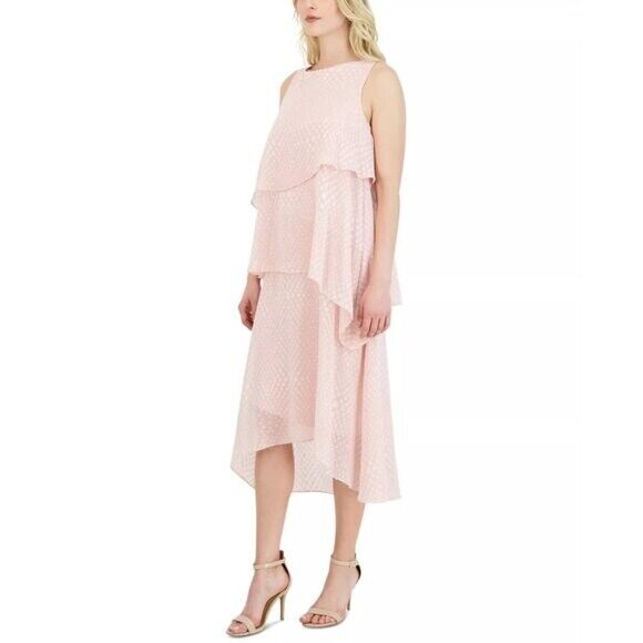Donna Ricco Tiered Dress Boat-Neck Sleeveless Asymmetrical Design Pink W 6 NWT