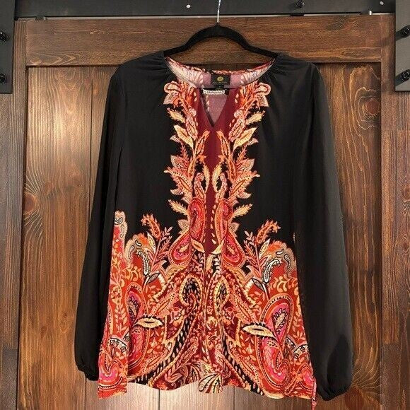 JM Collection Plus Size Printed Chiffon-Sleeve Embellished-Neck Top NWT