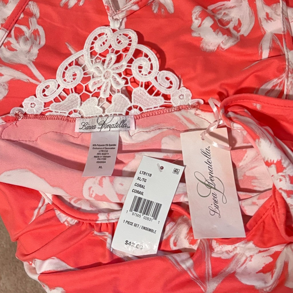 Linea Donatella Size Extra Large Coral Floral Lace Trim Chemise Nightgown NWT
