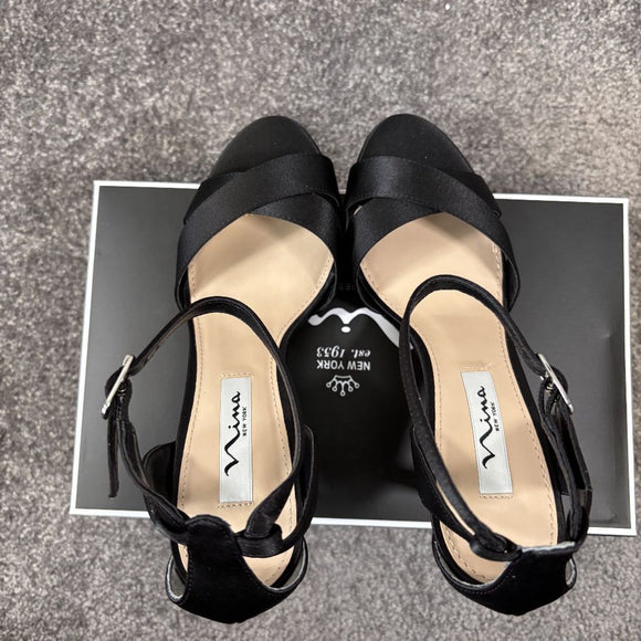 Nina Venus Women's 8 Black Satin Ankle Strap Heels / Heeled Shoes NIB