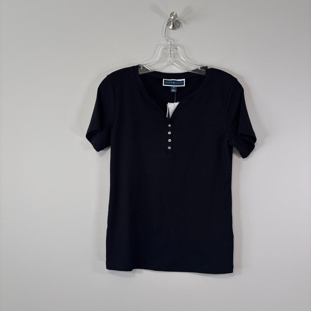 Karen Scott Women's Medium Petite 100% Cotton Black Henley Short Sleeve Top NWT