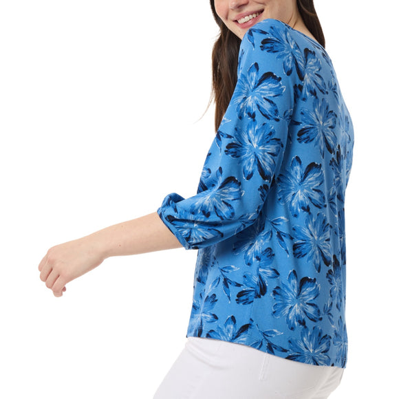 Jones New York Extra Small Petite Blue Floral Crewneck 3/4-Sleeve Blouse NWT