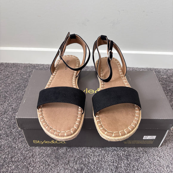Style & Co Women's 6 Black & Tan Ankle-Strap Espadrille Flat Sandals NIB