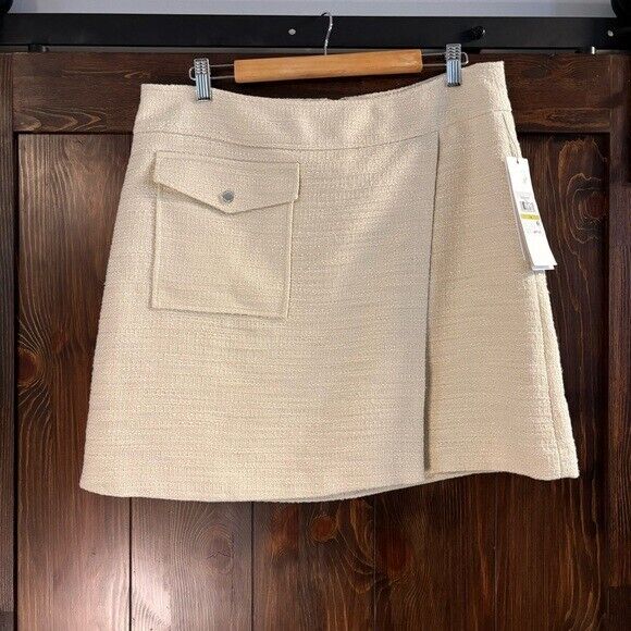 CALVIN KLEIN Women's 14 Faux-Wrap Tweed Light Beige Pocket-Front Pencil Skirt  NWT