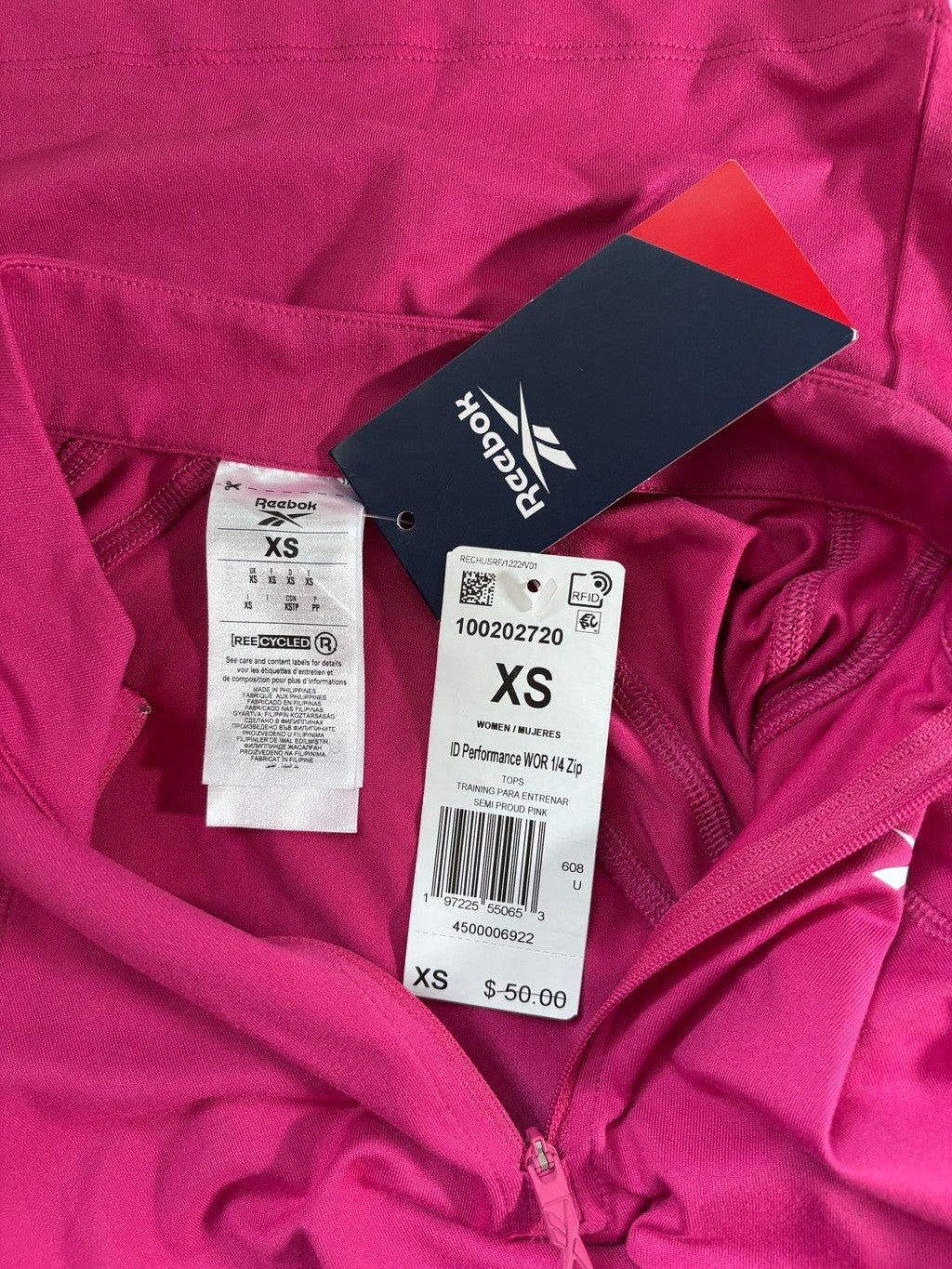 Reebok ID Performance Size XS 1/4 Zip Hot Pink Workout Top NWT
