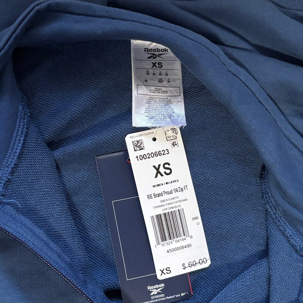 Reebok Women's XS 1/4 100% Cotton Pullover Sweatshirt Navy Blue NWT